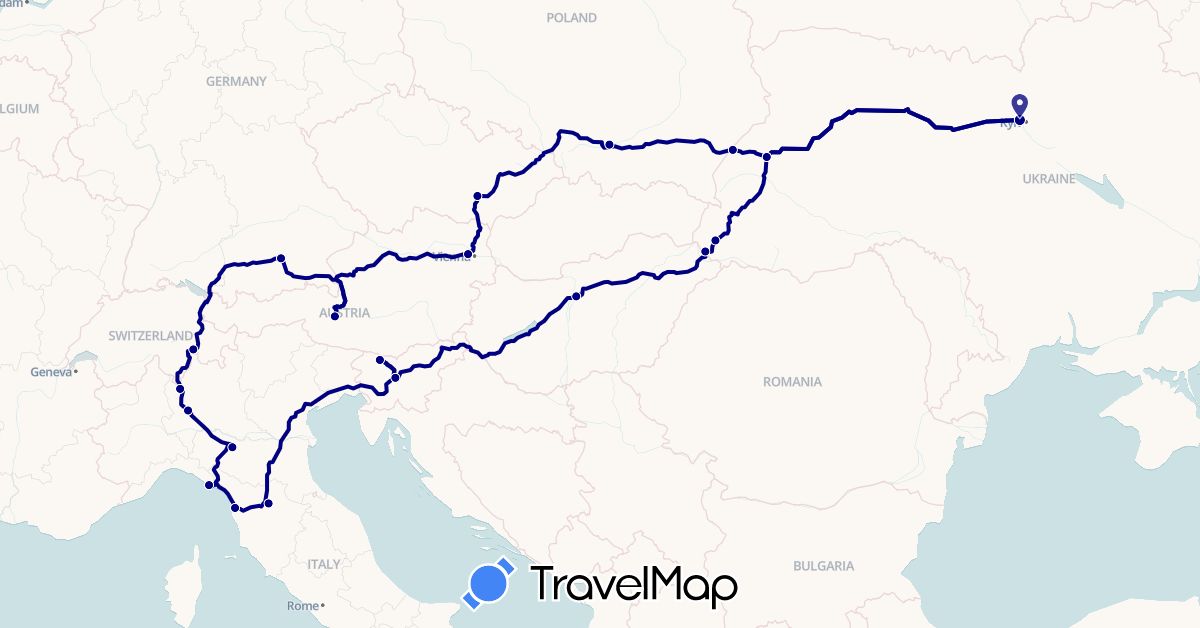 TravelMap itinerary: driving in Austria, Switzerland, Czech Republic, Germany, Hungary, Italy, Poland, Slovenia, Ukraine (Europe)